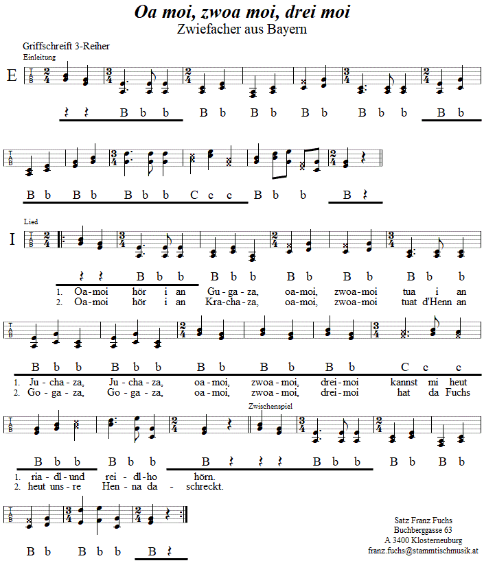 Oa moi, zwoa moi, drei moi Zwiefacher in Griffschrift für Steirische Harmonika