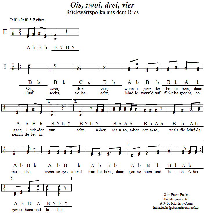 Ois, zwoi,drei, vier, in Griffschrift für Steirische Harmonika