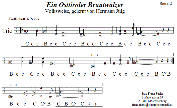 Ein Osttiroler Brautwalzer in Griffschrift für Steirische Harmonika