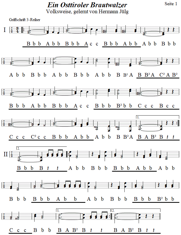 Ein Osttiroler Brautwalzer in Griffschrift für Steirische Harmonika