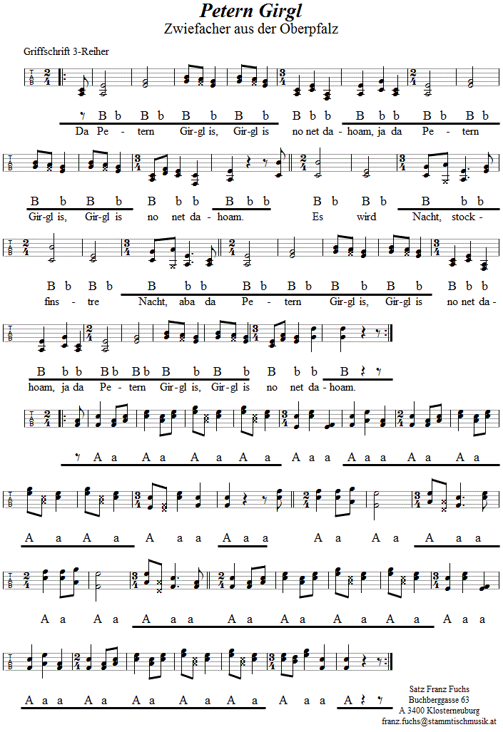 Petern Girgl, Zwiefacher aus der Oberpfalz, in Griffschrift für Steirische Harmonika