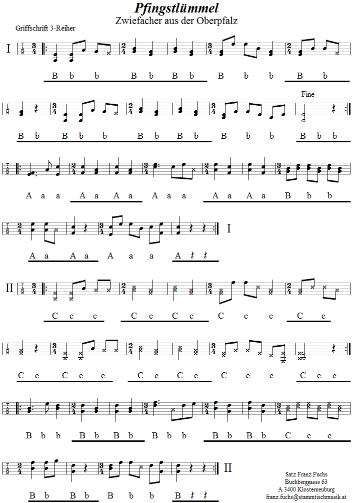 Pfingstlümmel, Zwiefacher in Griffschrift für Steirische Harmonika