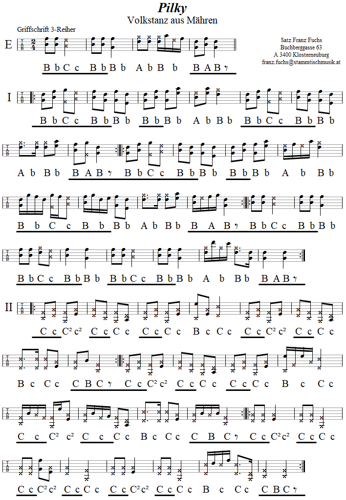 Pilky, Volkstanz in Griffschrift für Steirische Harmonika