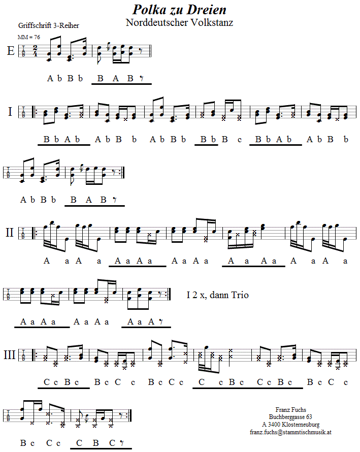 Polka zu dreien (Hacke-Spitze), in Griffschrift für Steirische Harmonika