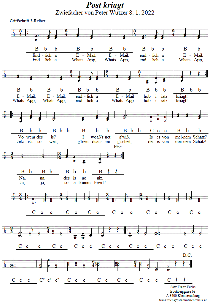 Post kriagt, Zwiefacher von Peter Wutzer in Griffschrift für Steirische Harmonika