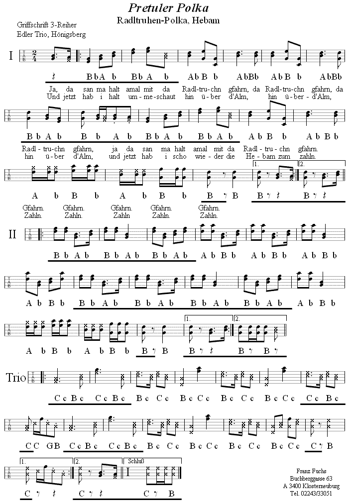 Pretuler Polka (Radltruhenpolka, Hebam) in Griffschrift für steirische Harmonika - Noten aus dem Repertoire