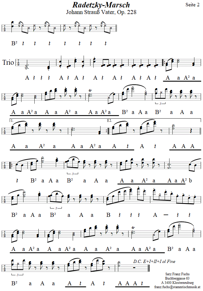 Radetzkymarsch von Johann Strauß Vater in Griffschrift für Steirische Harmonika