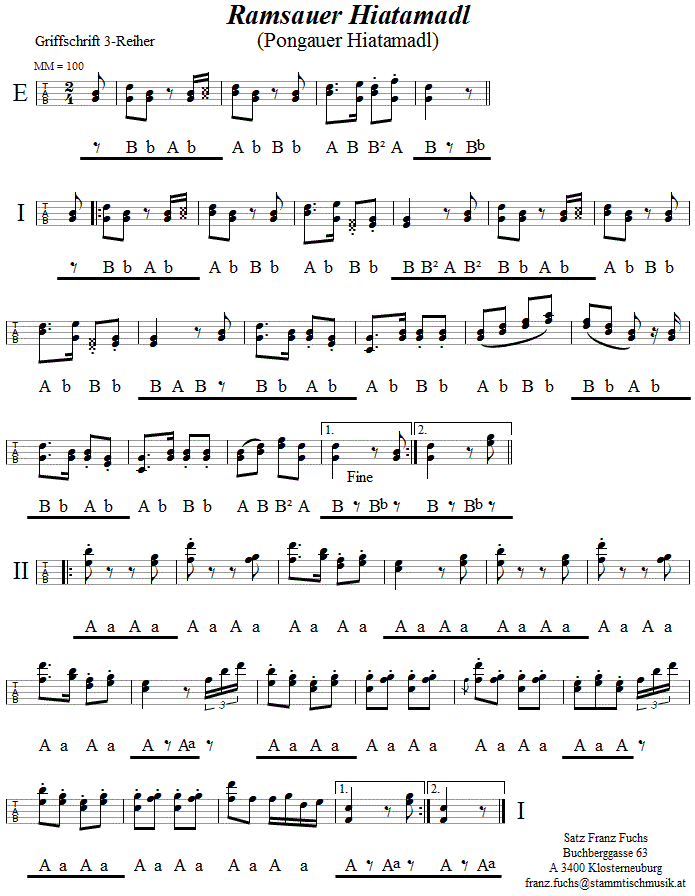 Ramsauer Hiatamadl (Pongauer Hiatamadl) in Griffschrift für Steirische Harmonika