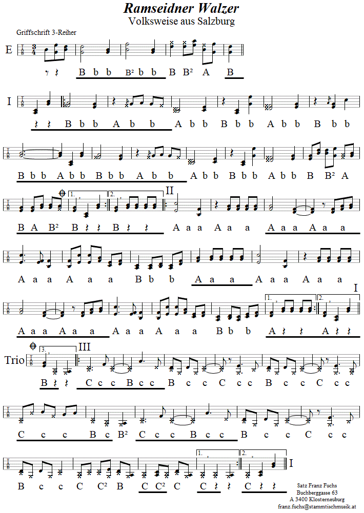 Ramseid'ner Walzer in Griffschrift für Harmonika - Noten aus dem Repertoire - Volksmusik im Wirtshaus