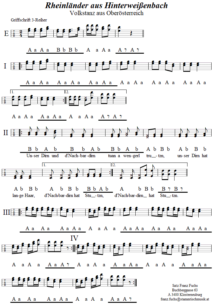 Rheinländer aus Hinterweißenbach, in Griffschrift für Steirische Harmonika