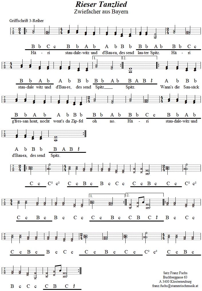 Rieser Tanzlied, Zwiefacher, in Griffschrift für Steirische Harmonika