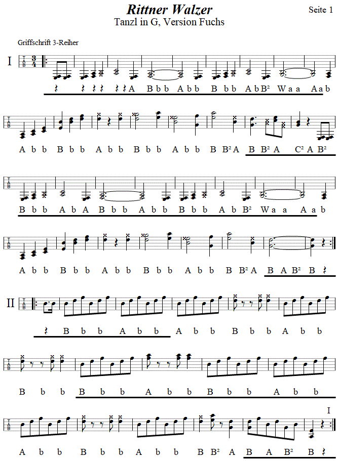 Rittner Walzer 1, in Griffschrift für Steirische Harmonika