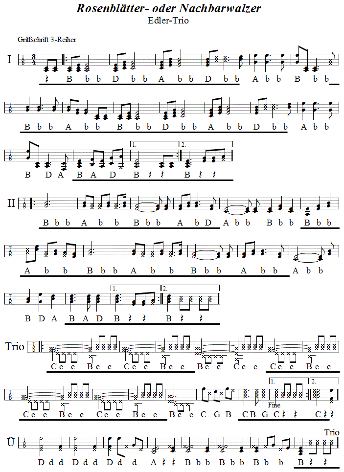 Rosenblätterwalzer (Nachbarwalzer) in Griffschrift für Steirische Harmonika - Noten aus dem Repertoire