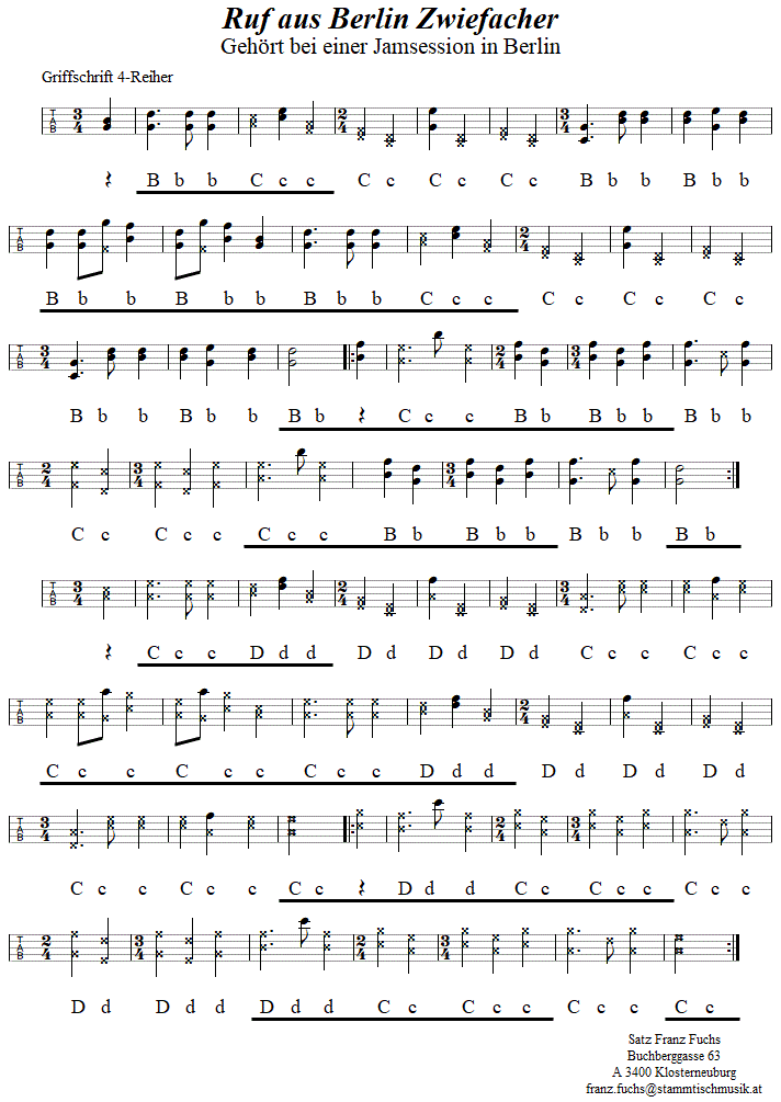 Ruf aus Berlin Zwiefacher, in Griffschrift für Steirische Harmonika