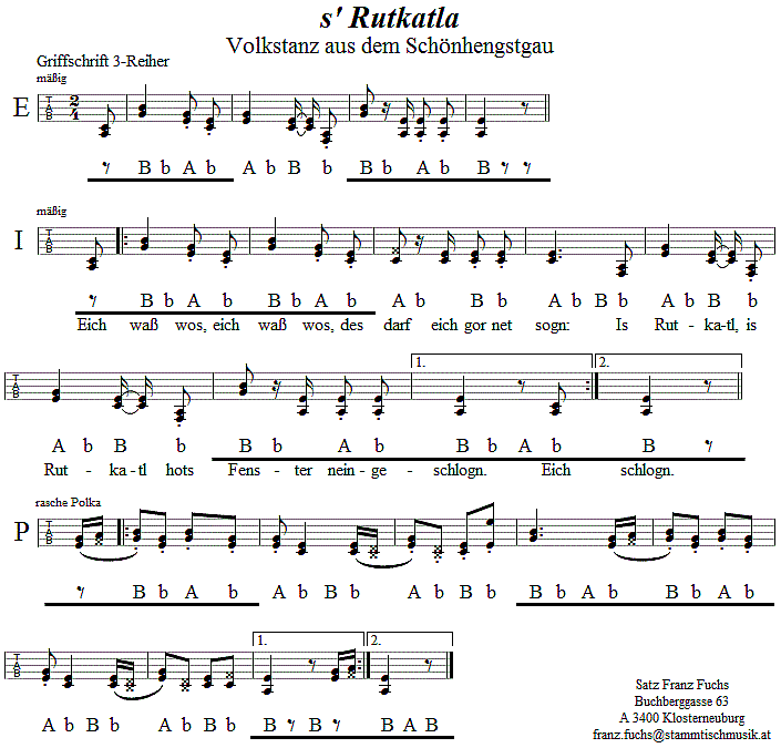 s' Rutkatla aus dem Schönhengstgau, in Griffschrift für Steirische Harmonika