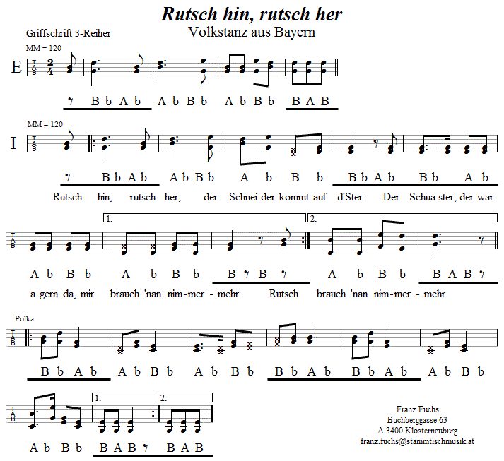 Rutsch hin, rutsch her - in Griffschrift für Steirische Harmonika