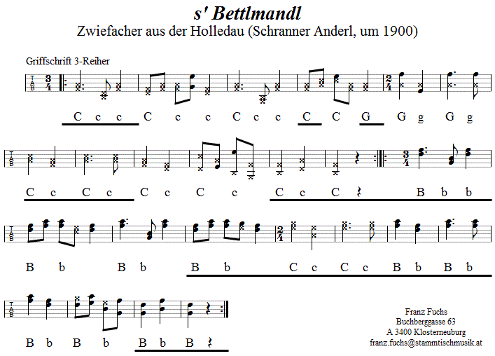 s'Bettlmandl, Zwiefacher in Griffschrift für Steirische Harmonika