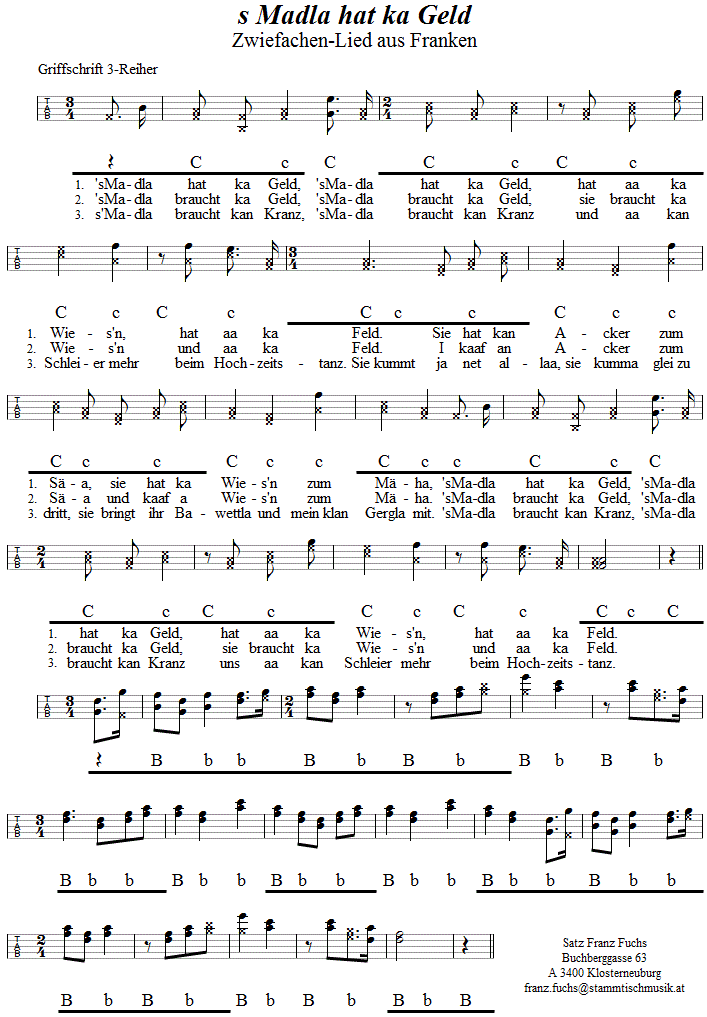 s' Madla hat ka Geld, Zwiefachen-Lied, in Griffschrift für Steirische Harmonika