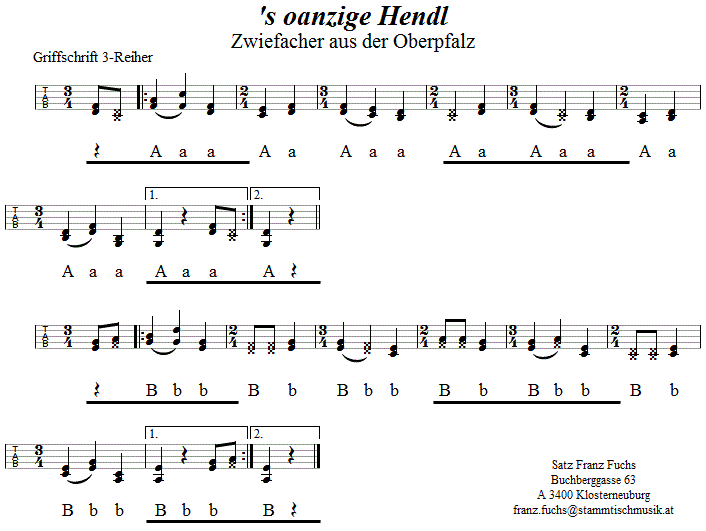 's oanzige Hendl, Zwiefacher in Griffschrift für Steirische Harmonika