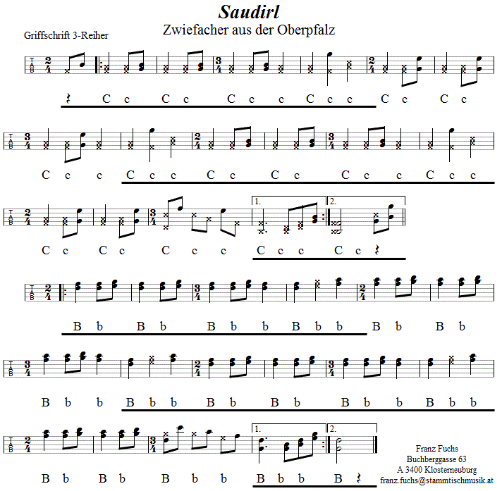 Saudirl Zwiefacher, in Griffschrift für Steirische Harmonika