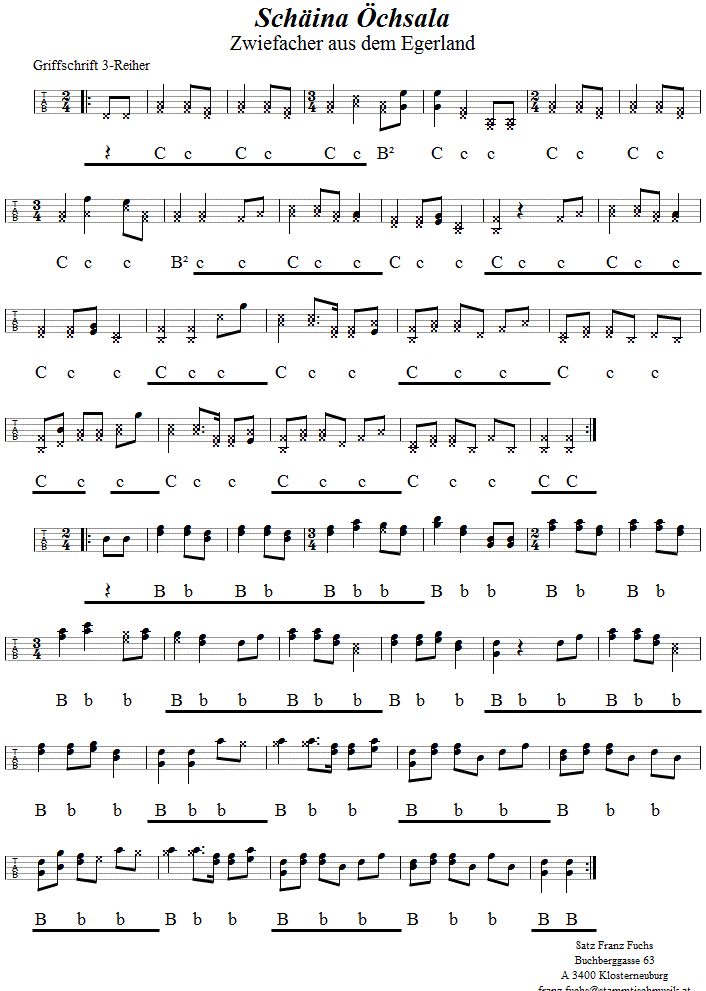 Schäina Öchsala, Zwiefacher in Griffschrift für Steirische Harmonika