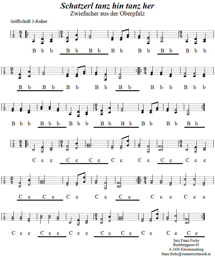 Schatzerl tanz hin tanz her, Zwiefacher in Griffschrift für Steirische Harmonika