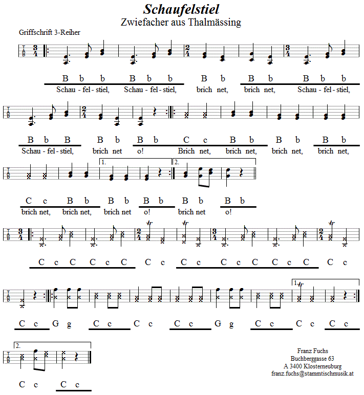 Schaufelstiel, Zwiefacher in Griffschrift für Steirische Harmonika