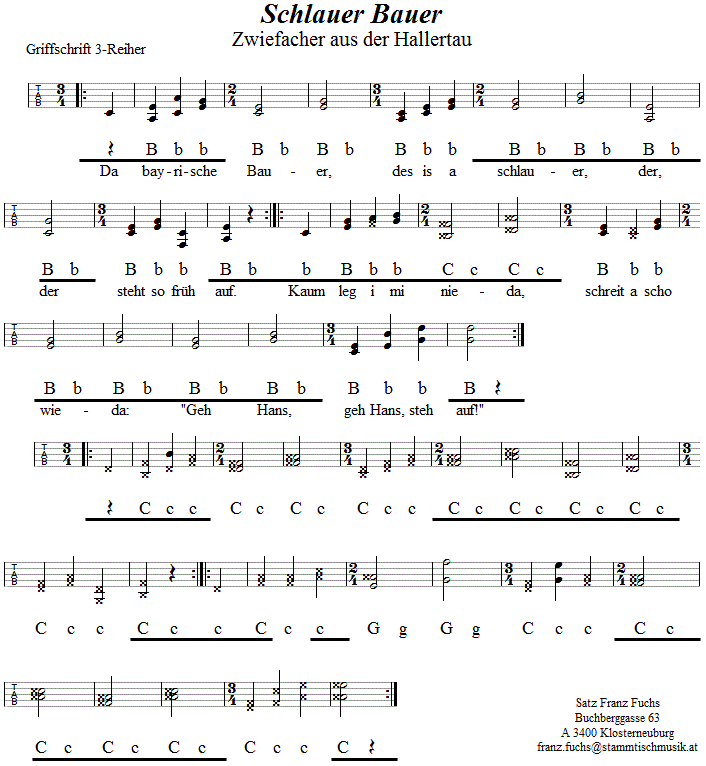 Schlauer Bauer, Zwiefacher in Griffschrift für Steirische Harmonika