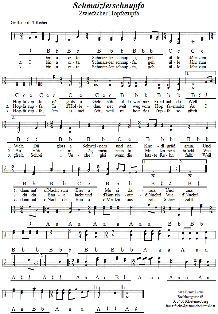 Schmaizlerschnupfa (Hopfazupfa), Zwiefacher in Griffschrift für Steirische Harmonika