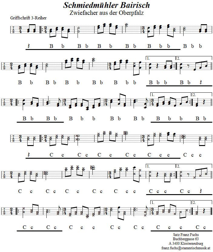 Schmiedmühler Bairisch, Zwiefacher, in Griffschrift für Steirische Harmonika