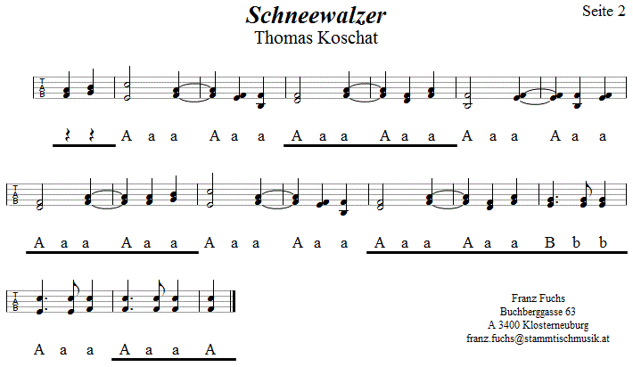 Schneewalzer von Thomas Koschat in Griffschrift für Steirische Harmonika