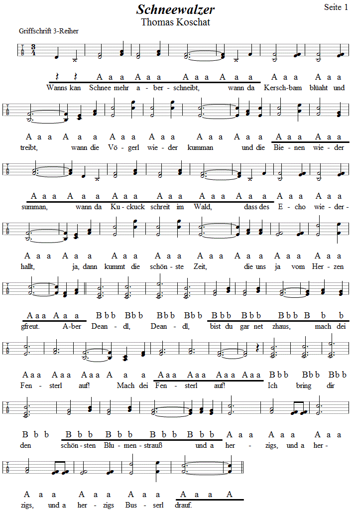 Schneewalzer von Thomas Koschat in Griffschrift für Steirische Harmonika