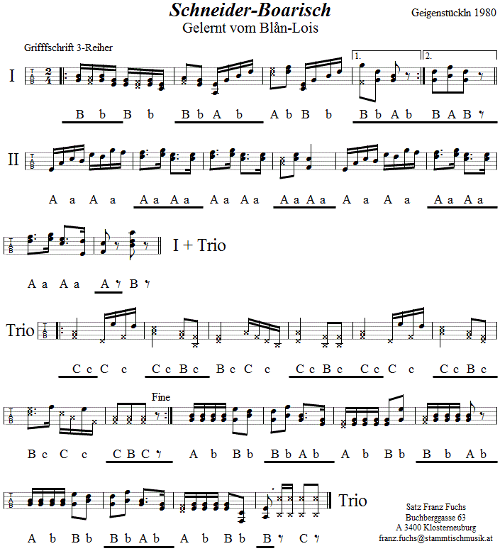 Schneider-Boarisch, in Griffschrift für Steirische Harmonika