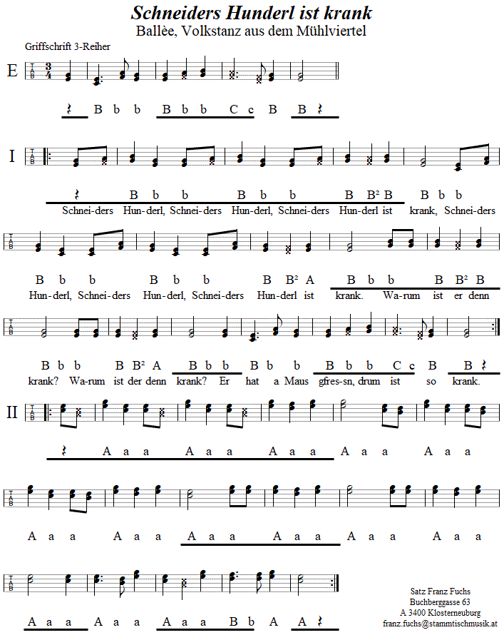 Schneiders Hunderl ist krank(Ballèe), in Griffschrift für Steirische Harmonika