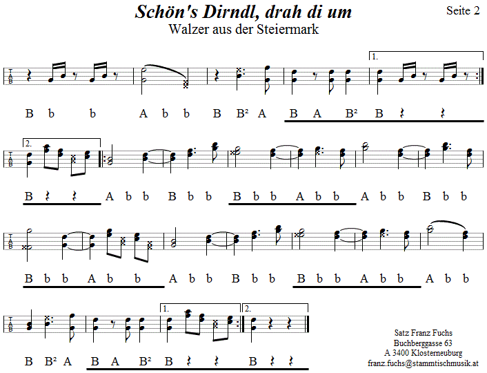 Schöns Dirndl, drah di um, Walzer in Griffschrift für Steirische Harmonika