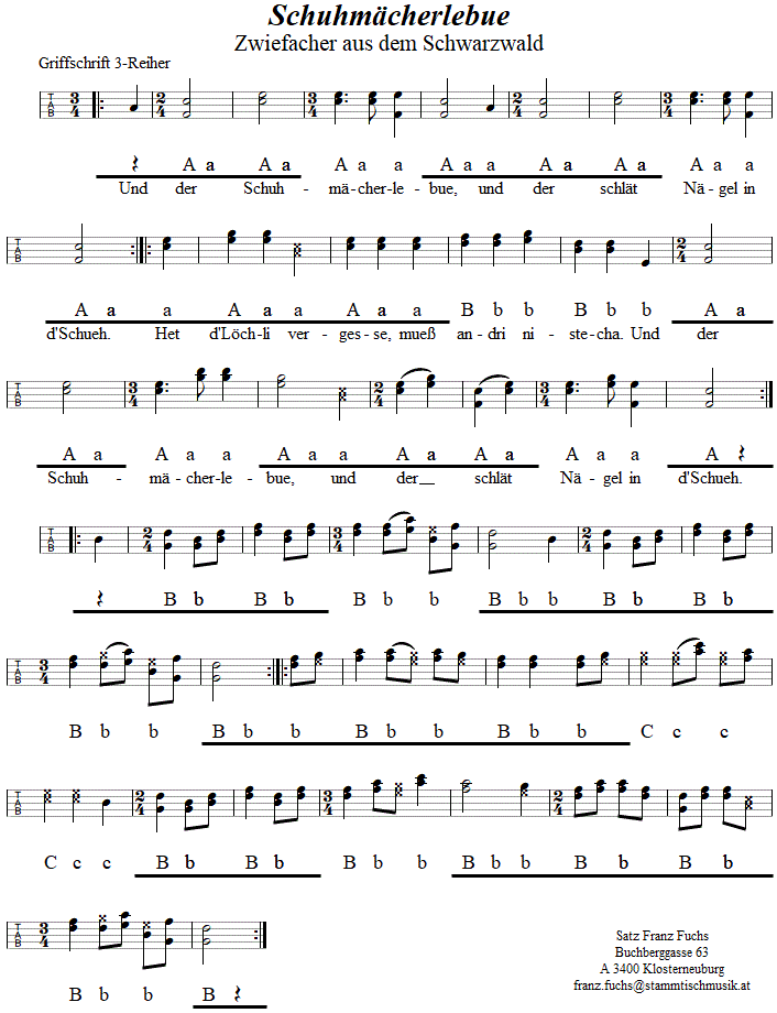 Schuhmächerlesbua, Zwiefacher in Griffschrift für Steirische Harmonika