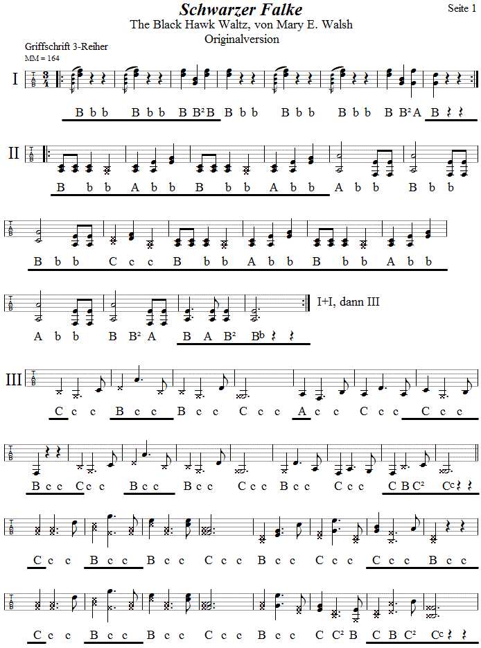 Schwarzer Falke in Griffschrift für Steirische Harmonika, Originalversion