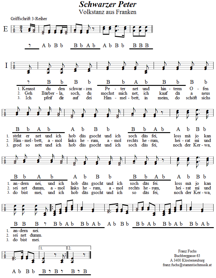 Schwarzer Peter, in Griffschrift für Steirische Harmonika