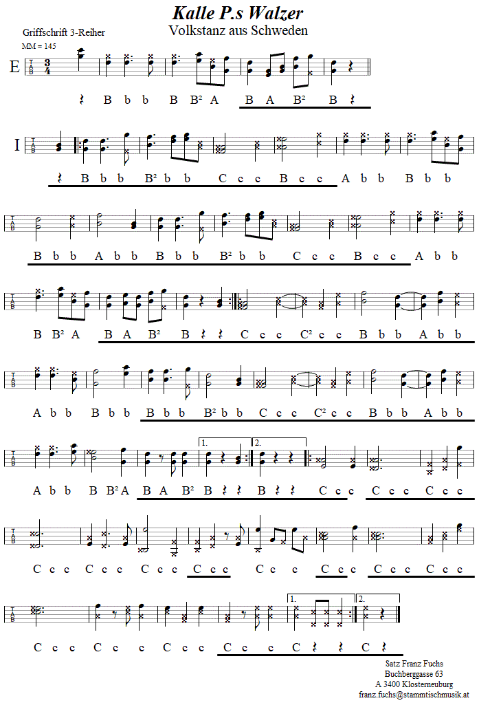 Kalle P's Walzer (Schwedenwalzer) in Griffschrift für Steirische Harmonika