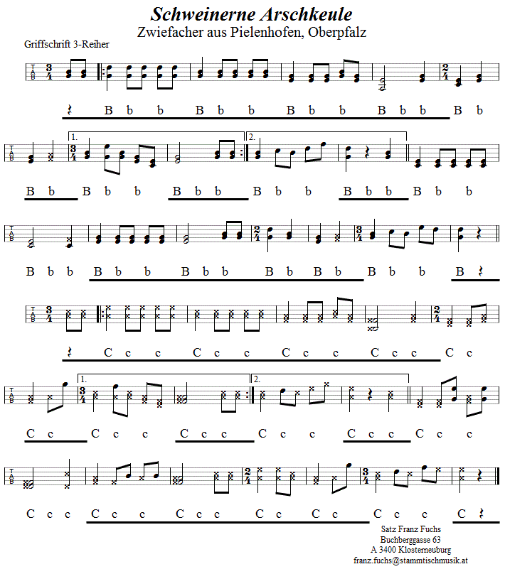 Schweinerne Arschkeule, Zwiefacher in Griffschrift für Steirische Harmonika