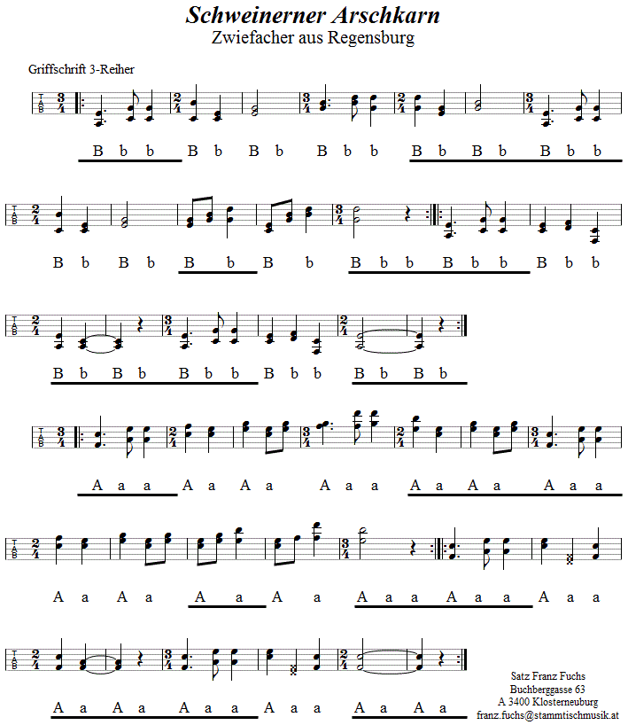 Schweinerner Arschkarn, Zwiefacher in Griffschrift für Steirische Harmonika
