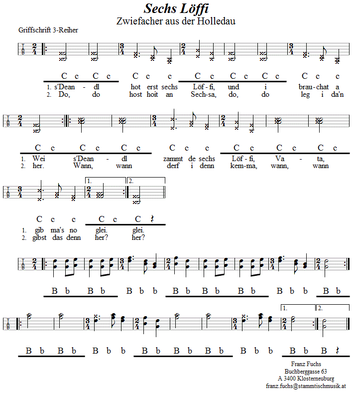 Sechs Löffi, in Griffschrift für Steirische Harmonika