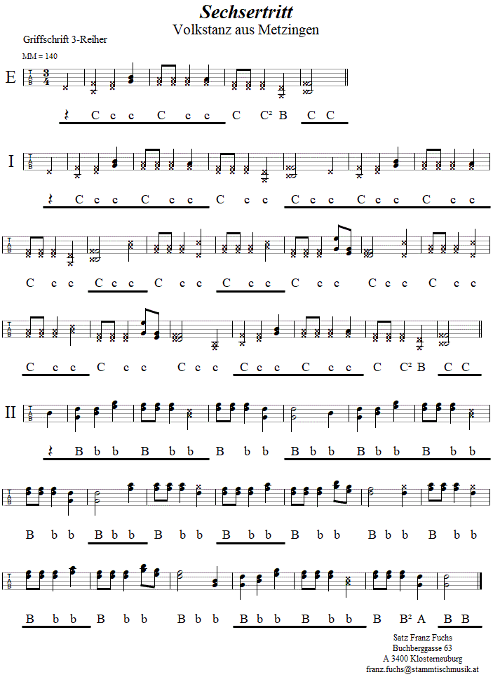 Sechsertritt, in Griffschrift für Steirische Harmonika