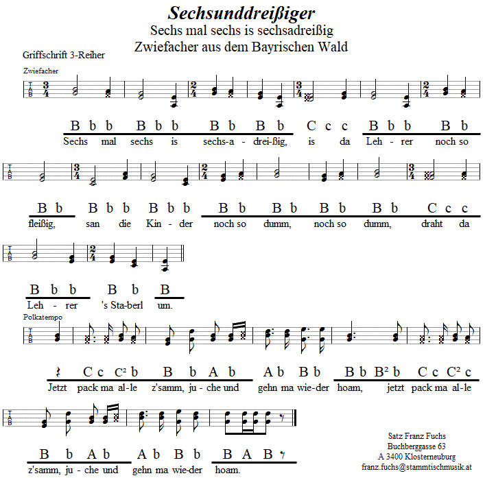 Sechsunddreißig, Zwiefacher in Griffschrift für Steirische Harmonika