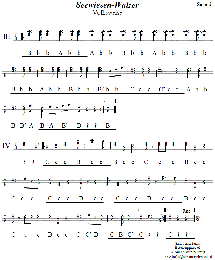 Seewiesenwalzer, in Griffschrift für Steirische Harmonika