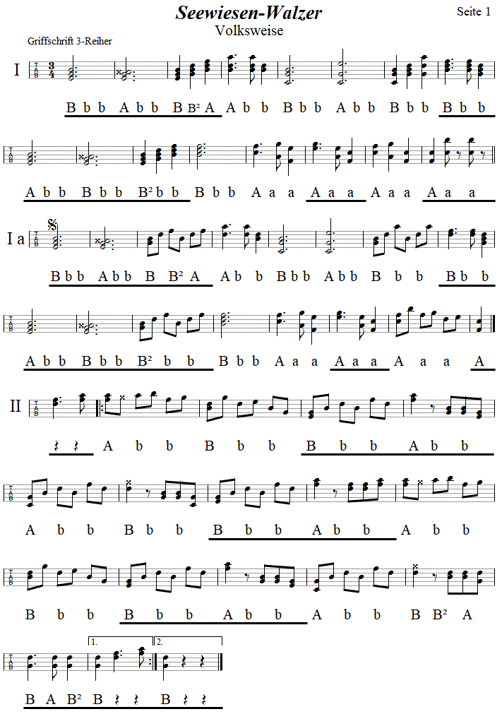 Seewiesenwalzer, in Griffschrift für Steirische Harmonika