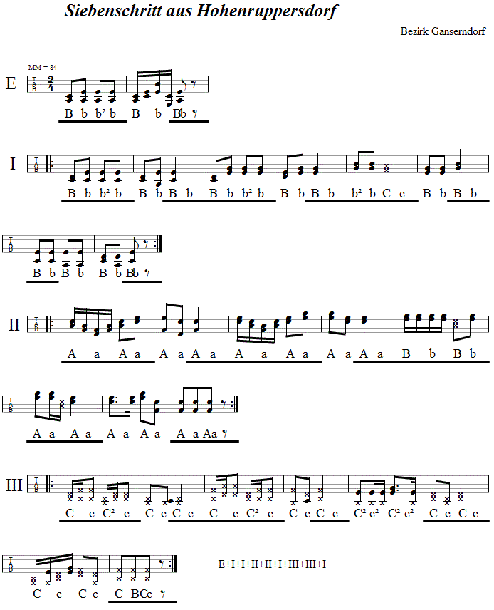 Siebenschritt aus Hohenruppersdorf, in Griffschrift für Steirische Harmonika