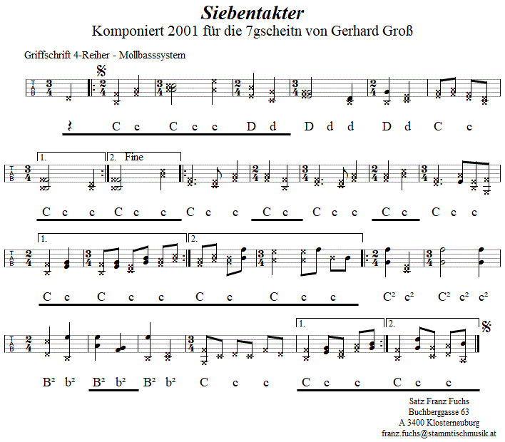 Siebentakter, Zwiefacher von Gerhard Groß in Griffschrift für Steirische Harmonika