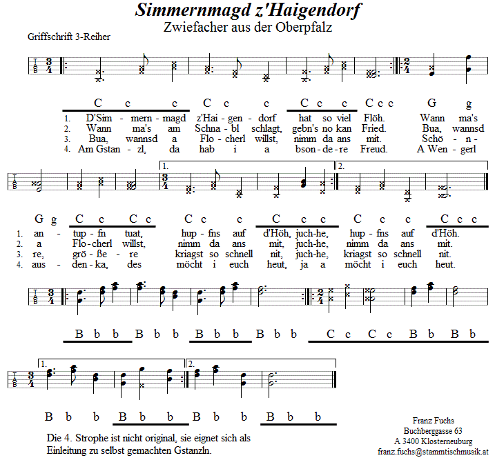 Simmernmagd z' Haigendorf, Zwiefacher in Griffschrift für Steirische Harmonika