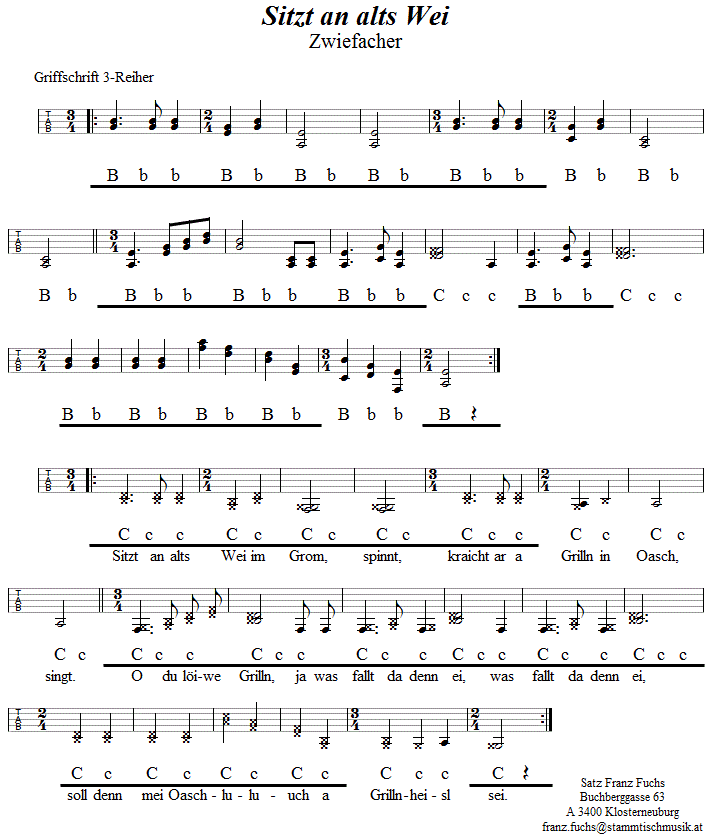 Sitzt an alts Wei, Zwiefacher in Griffschrift für Steirische Harmonika